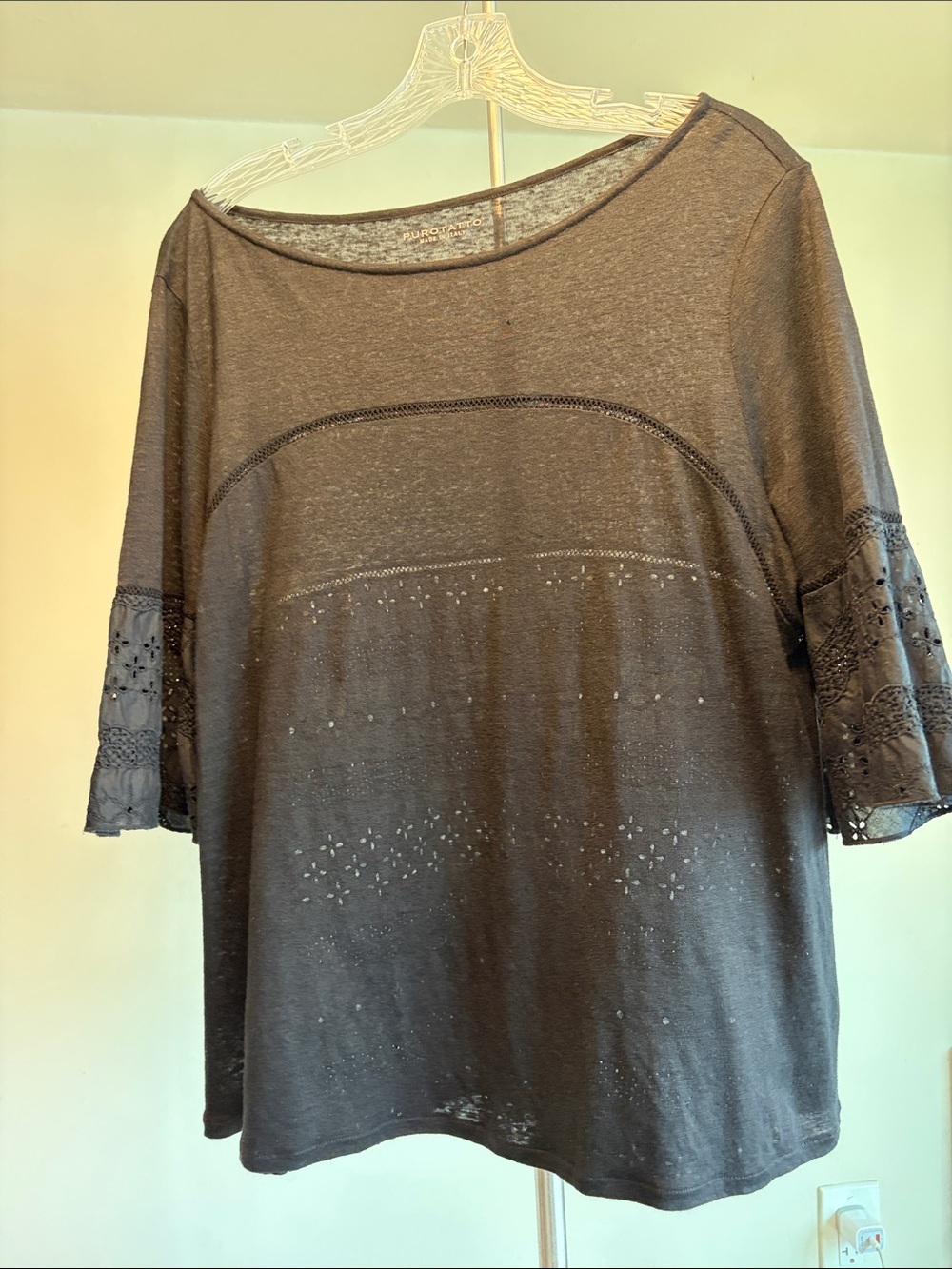 PUROTATTO Made in Italy Charcoal Gray Linen Eyelet Lace Knit Top Size L